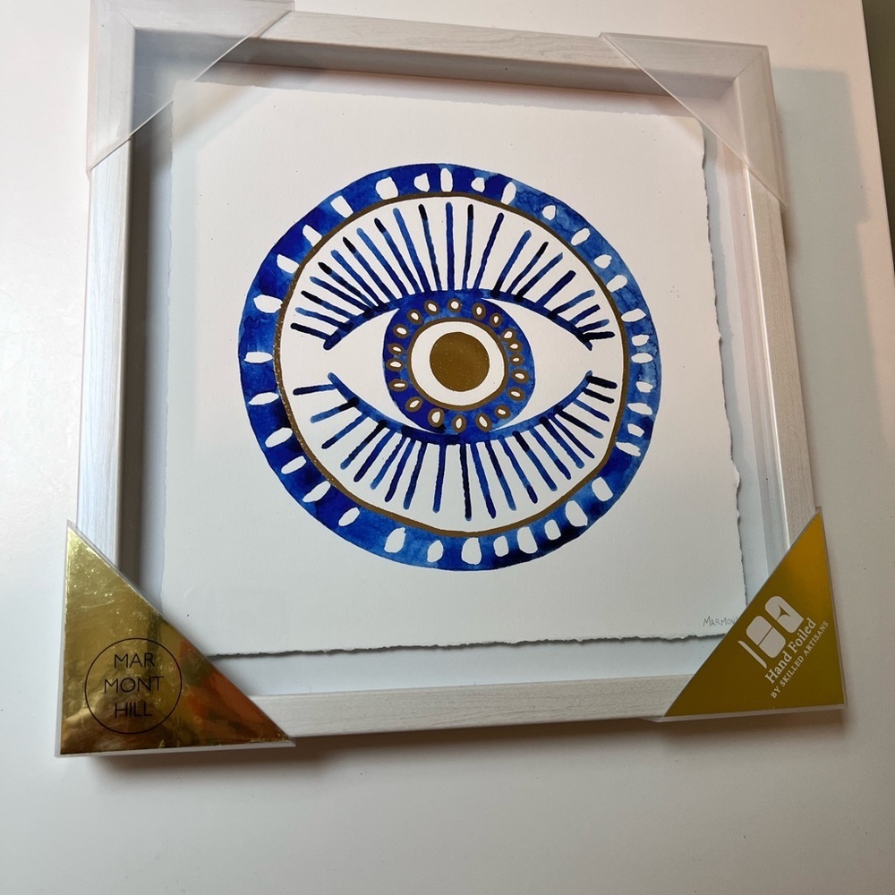 Marmont Hill Evil Eye Hand‎ Foiled Framed Wall Art Blue Gold 12x12 New